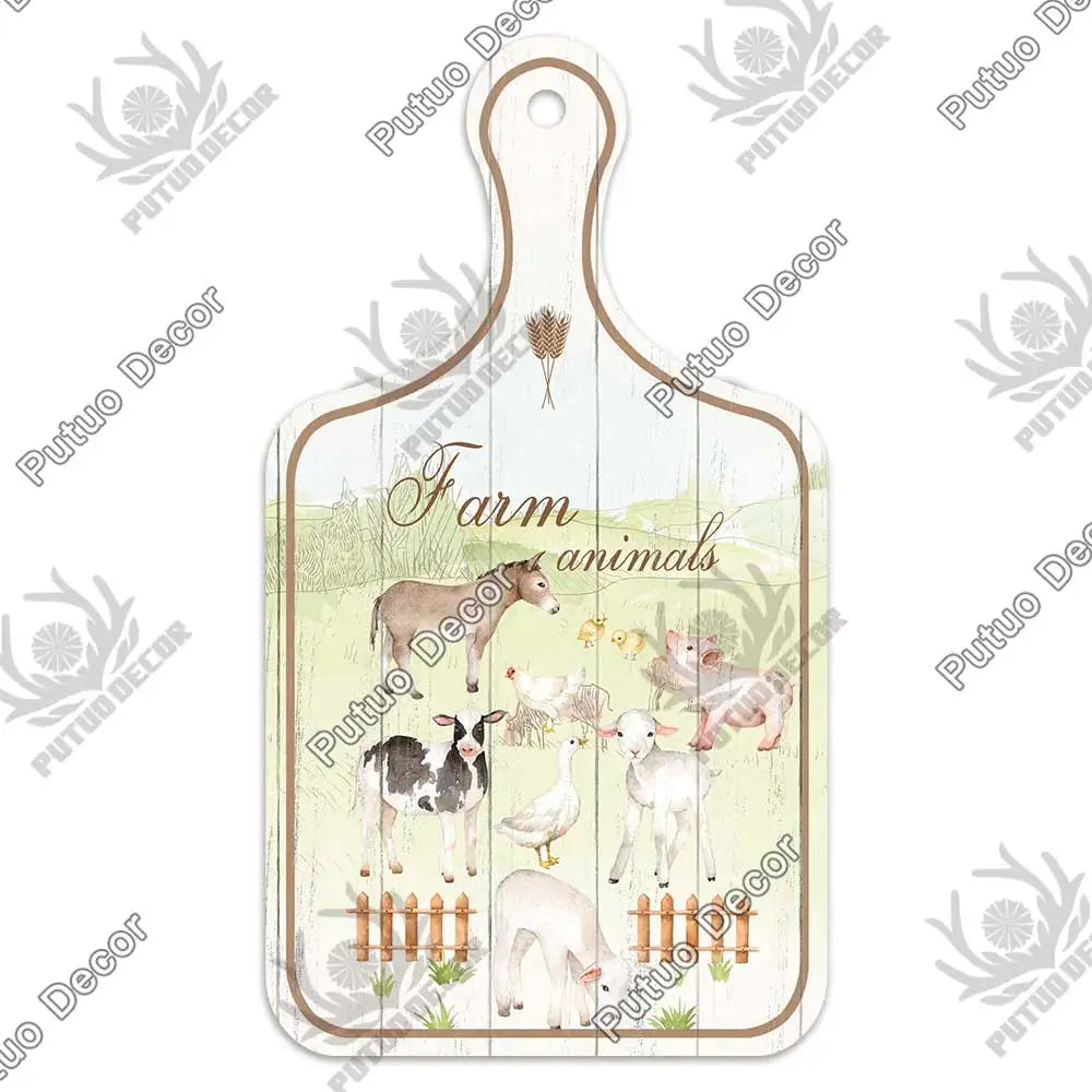 Putuo Decor-Farm Small Cutting Board, Rustic Wooden Plate, Animals Hanging Sign for Home Decoration, Kitchen Wall Decor