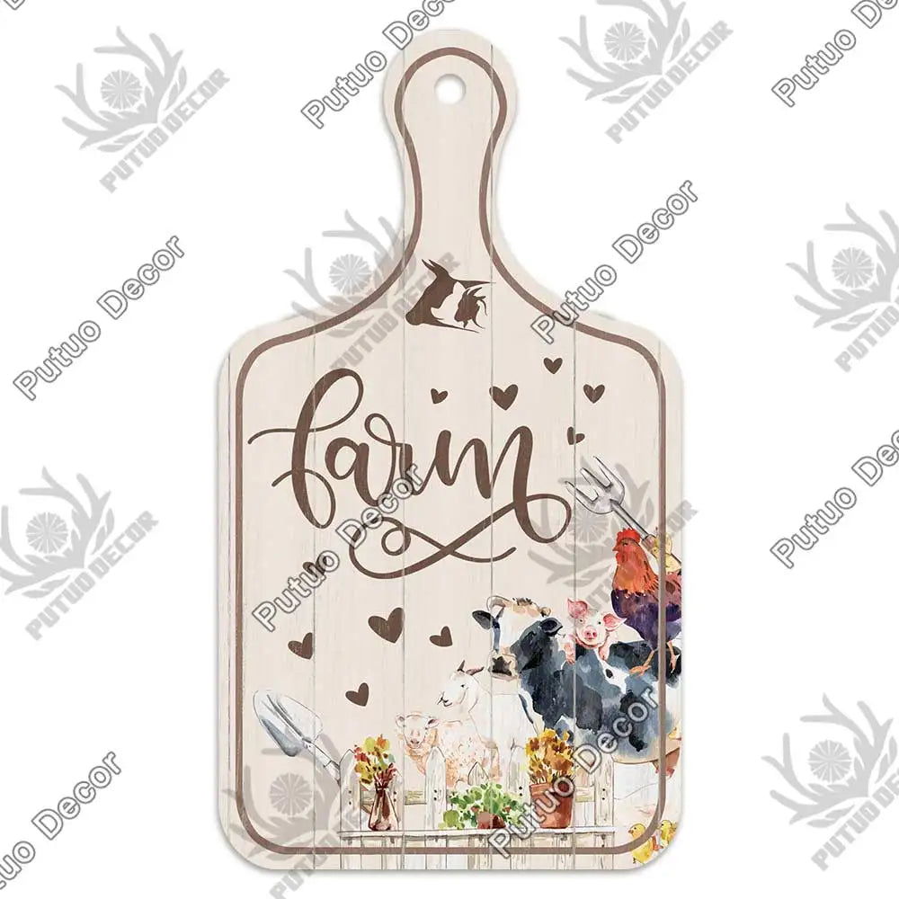 Putuo Decor-Farm Small Cutting Board, Rustic Wooden Plate, Animals Hanging Sign for Home Decoration, Kitchen Wall Decor