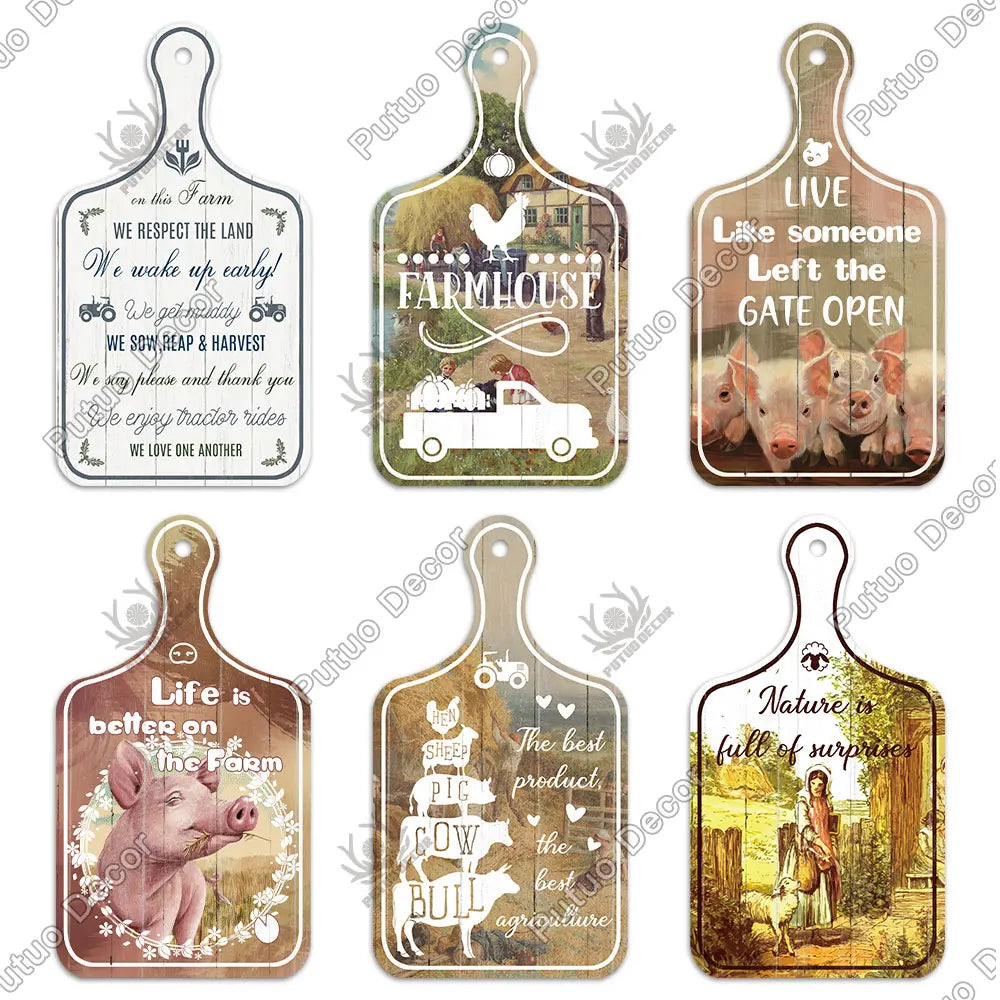 Putuo Decor-Farm Small Cutting Board, Rustic Wooden Plate, Animals Hanging Sign for Home Decoration, Kitchen Wall Decor