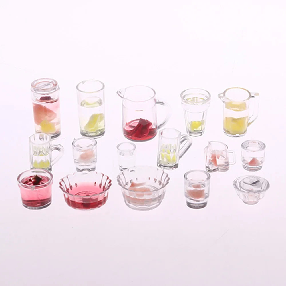 15PCS 1:12 Scal Acrylic Miniature Cup Dish Bowl Dollhouse Simulation Tableware Plate Set Doll Food Living Room Kitchen Kids Toys