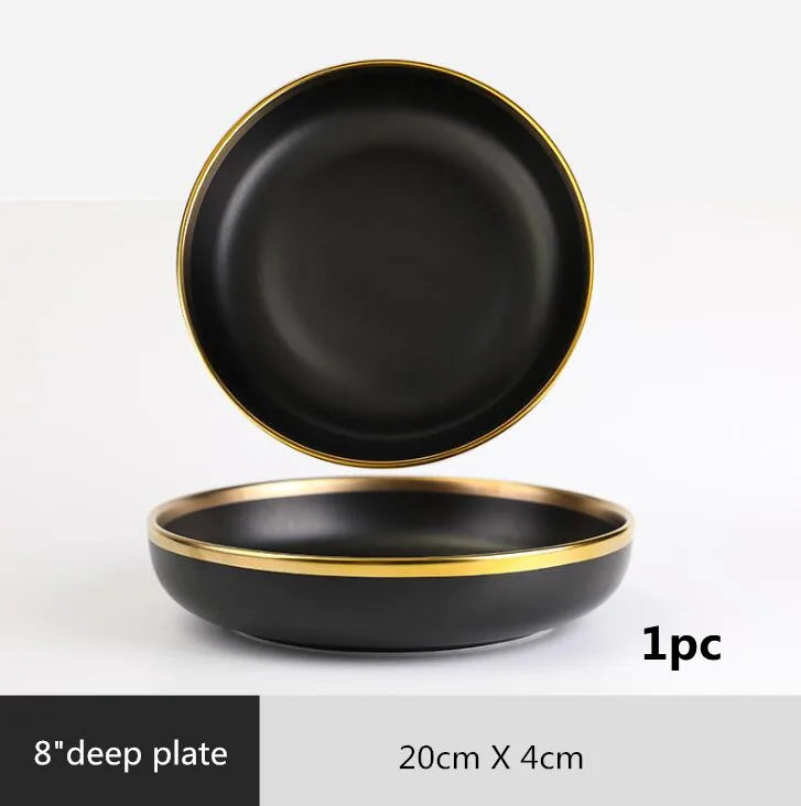 Gilt Rim Black Porcelain Dinner Plates Kitchen Dishes Ceramics Tableware Food Tray Rice Salad Noodles Bowl Cutlery Set