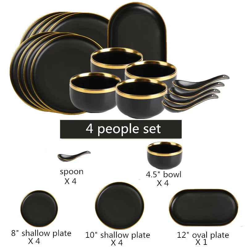 Gilt Rim Black Porcelain Dinner Plates Kitchen Dishes Ceramics Tableware Food Tray Rice Salad Noodles Bowl Cutlery Set