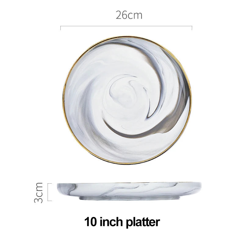 Marble ceramics plates and bowls set dinnerware sets christmas salad dessert bone china white plates kitchen dishes round tray