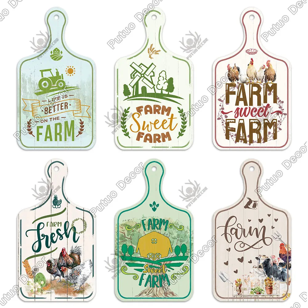 Putuo Decor-Farm Small Cutting Board, Rustic Wooden Plate, Animals Hanging Sign for Home Decoration, Kitchen Wall Decor