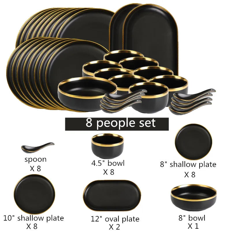 Gilt Rim Black Porcelain Dinner Plates Kitchen Dishes Ceramics Tableware Food Tray Rice Salad Noodles Bowl Cutlery Set