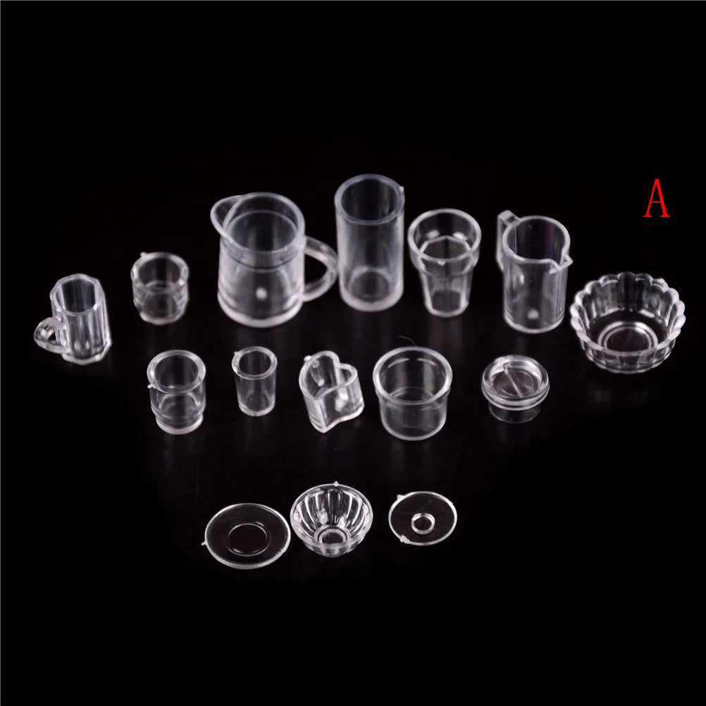 1:12 Scale Doll Food Miniature Transparent  Plastic Plate Cup Dishes Bowl Tableware Set Kitchen Cooking Accessories