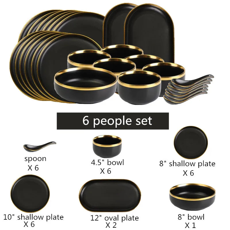 Gilt Rim Black Porcelain Dinner Plates Kitchen Dishes Ceramics Tableware Food Tray Rice Salad Noodles Bowl Cutlery Set