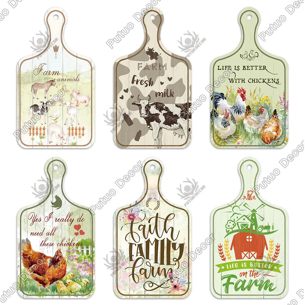 Putuo Decor-Farm Small Cutting Board, Rustic Wooden Plate, Animals Hanging Sign for Home Decoration, Kitchen Wall Decor