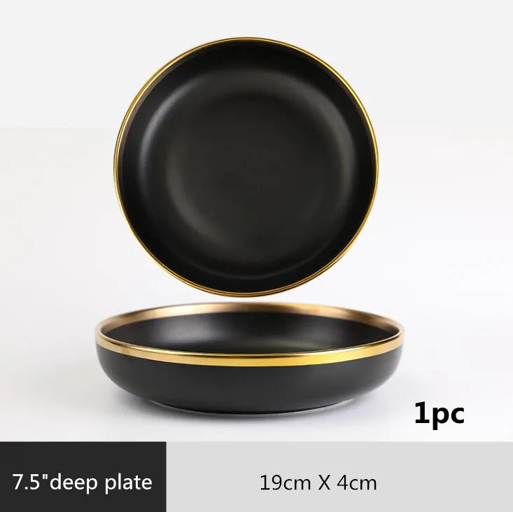 Gilt Rim Black Porcelain Dinner Plates Kitchen Dishes Ceramics Tableware Food Tray Rice Salad Noodles Bowl Cutlery Set