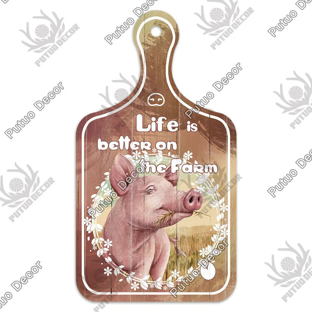 Putuo Decor-Farm Small Cutting Board, Rustic Wooden Plate, Animals Hanging Sign for Home Decoration, Kitchen Wall Decor