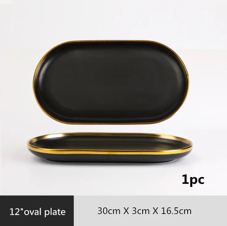 Gilt Rim Black Porcelain Dinner Plates Kitchen Dishes Ceramics Tableware Food Tray Rice Salad Noodles Bowl Cutlery Set