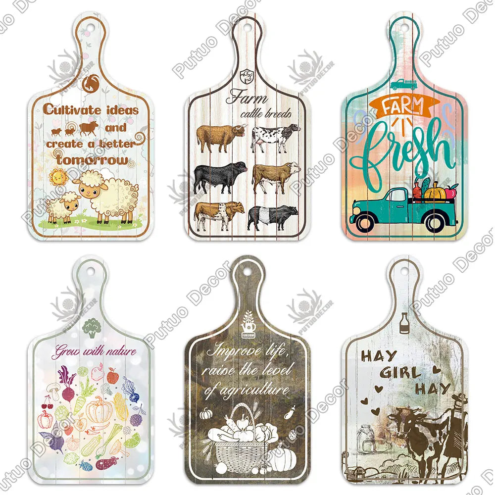 Putuo Decor-Farm Small Cutting Board, Rustic Wooden Plate, Animals Hanging Sign for Home Decoration, Kitchen Wall Decor