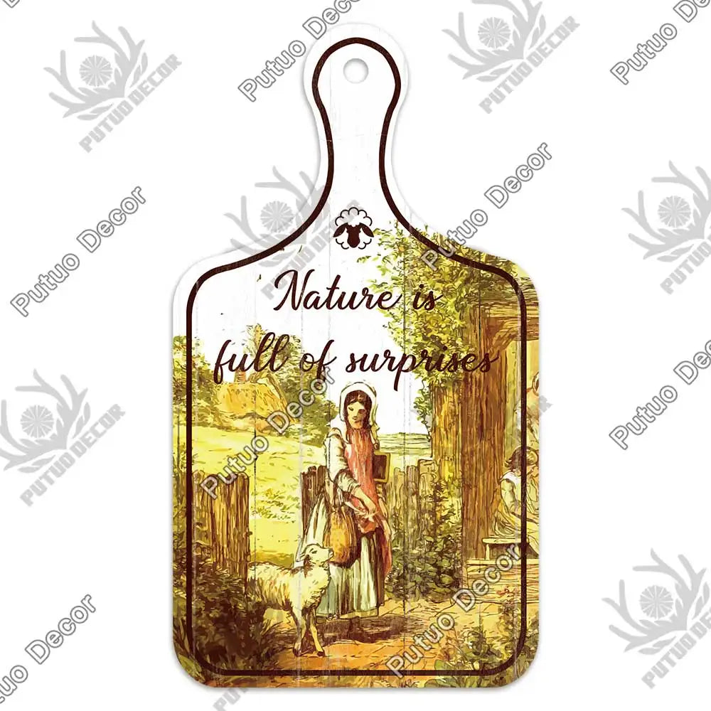 Putuo Decor-Farm Small Cutting Board, Rustic Wooden Plate, Animals Hanging Sign for Home Decoration, Kitchen Wall Decor