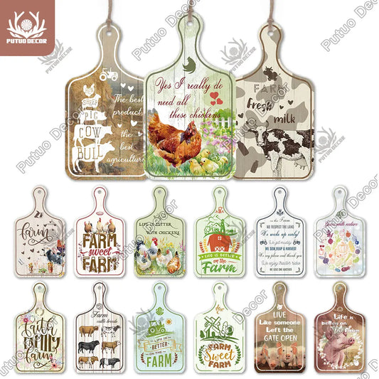 Putuo Decor-Farm Small Cutting Board, Rustic Wooden Plate, Animals Hanging Sign for Home Decoration, Kitchen Wall Decor