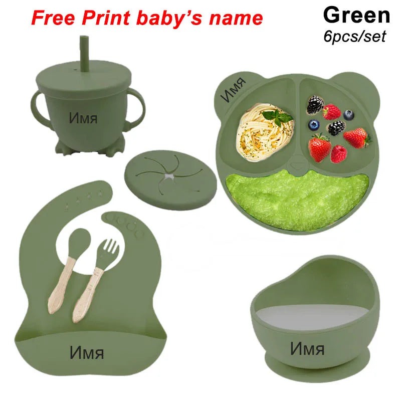 Baby Feeding Plate Sets Suction Bowl Silicone Plate For Kids 6Pcs Children Tableware Personalized Name Dinner Dishes Cups Spoon