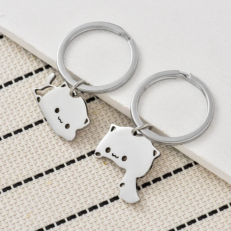 Cute Matching Cat Keychain Couple Stainless Steel Key Ring Lovely Animal Key Chain Pendants Lovers Valentine's Day Gift Jewelry