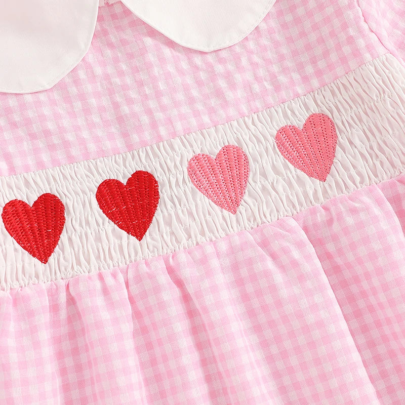 Baby Girl Valentines Day Dress Love Heart Embroidery Smocked Bubble Dress Infant Birthday Party Casual Dress Clothes