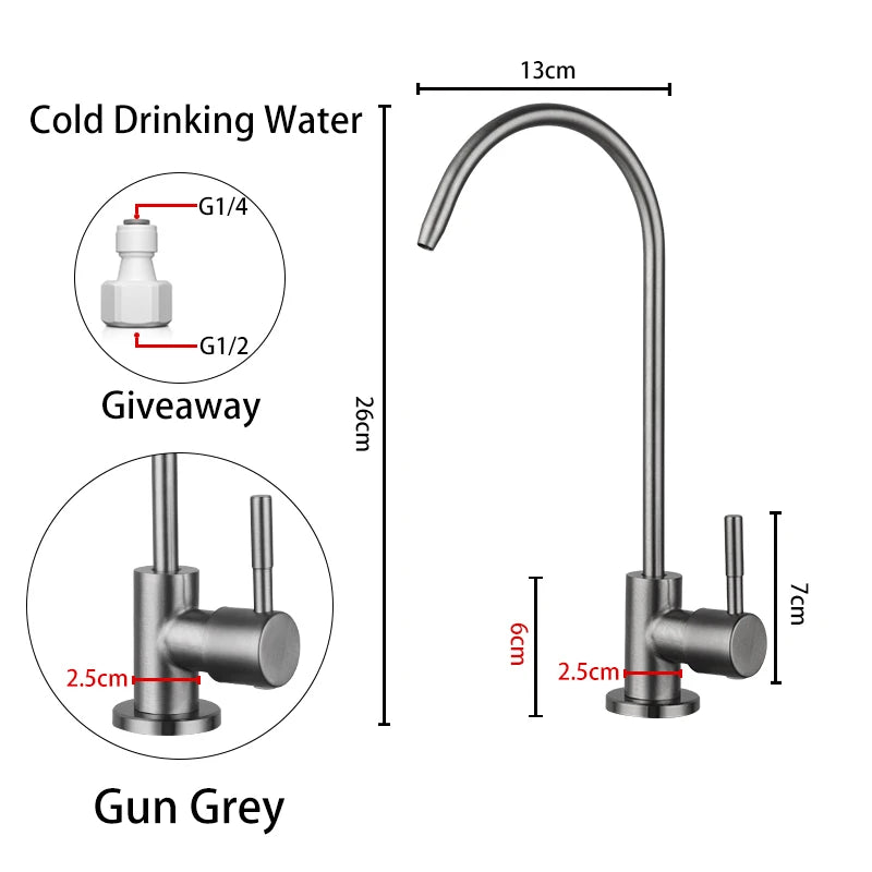 ULA 1/4"Kitchen Filtered Faucet Stainless Steel Direct Purifier Direct Drinking Tap Single Cold Water Sink Faucet Black/Brushed