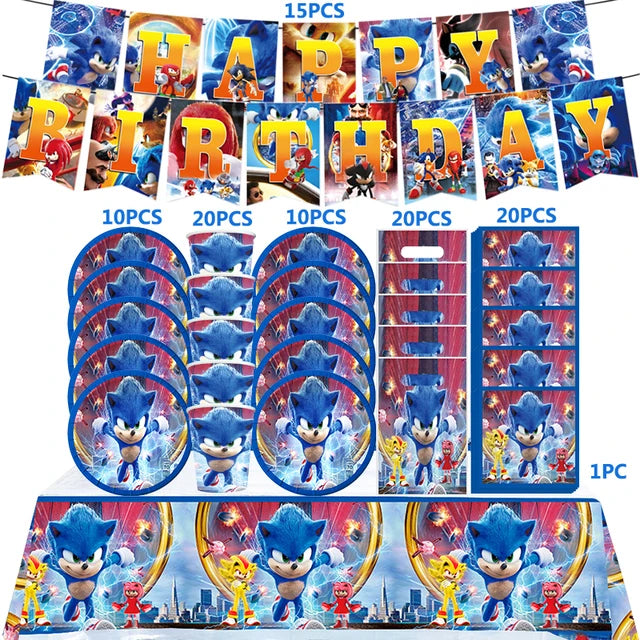 Kit Sonic Party Supplies Boys Birthday Party Paper Tableware Set Paper Plate Cup Napkins Baby Shower Decorations Sonic Gift Bags