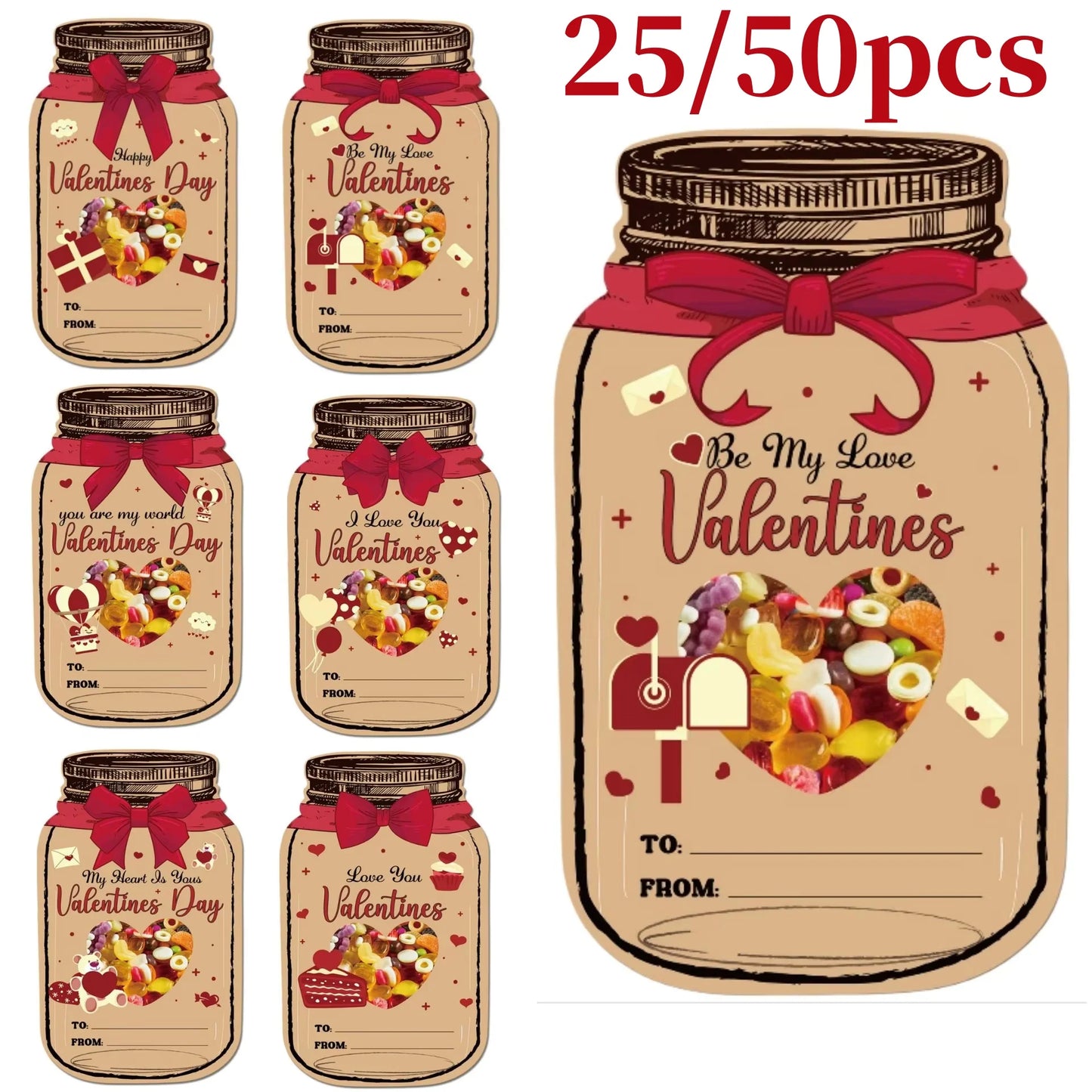 25/50Pcs Happy Valentine's Day Paper Cards Paper Jar Bottles Shaped Card with Candy Packing Bag Valentine's Day Party Gift Decor