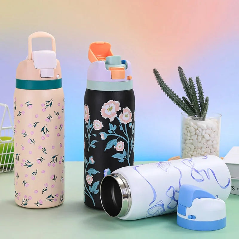 304 Thermos Bottle Cartoon Pattern Bounce Cup Stainless Steel Portable Straw Jumping Cup Large Capacity Outdoor Sport Water Cups