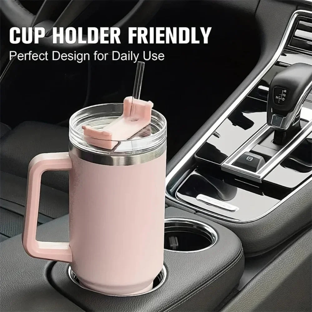 304 Stainless Steel Insulated Water Bottle,1200ML Thermal Coffee Car Cup, Cold Hot Mugs Vacuum Flask With Handle Straw,For Spor