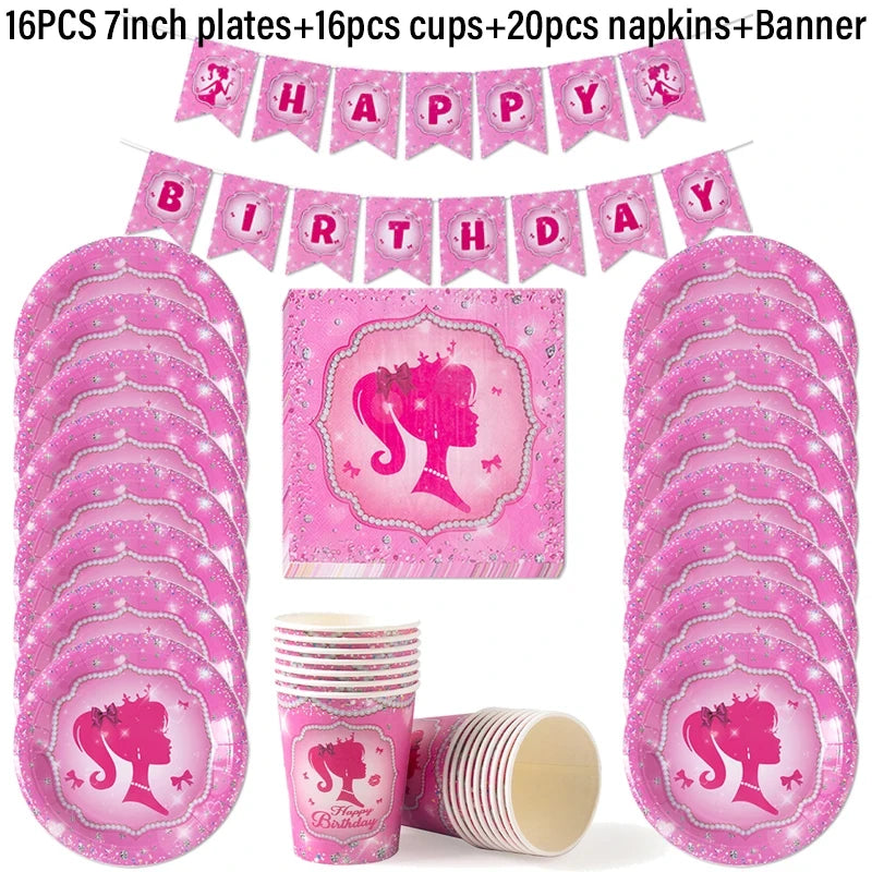 Happy Birthday Party Pink Theme Disposable Tableware Set Paper Plate Cup Napkin Kids Girl Birthday Party Baby Shower Supplies