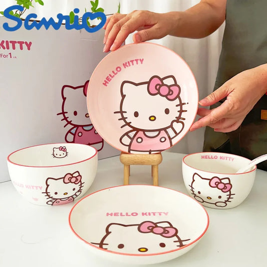 Hot Sale Sanrio Tableware Hello Kitty Bowl Spoon Plate Cartoon Kawaii Ceramic Tableware Kitchen Set Food Storage Household Gifts