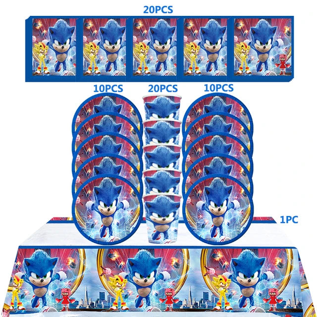 Kit Sonic Party Supplies Boys Birthday Party Paper Tableware Set Paper Plate Cup Napkins Baby Shower Decorations Sonic Gift Bags