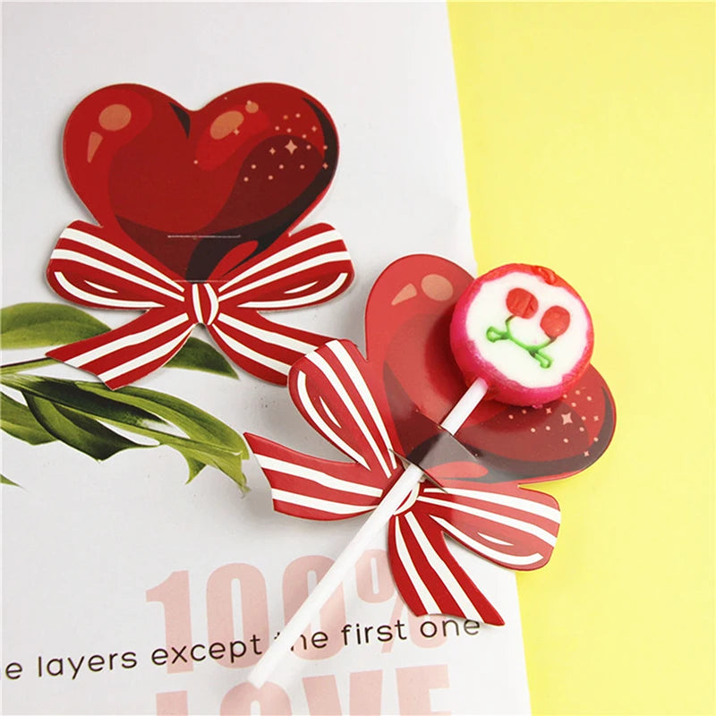 50pcs Red Heart Bow Lollipop Decorating Cards For Valentine's Day Wedding Birthday Party Supplies Candy Decorations Favors Gift