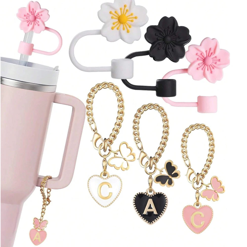 3pcs Accessories Set for Stanley Cup 30oz 40oz Tumbler, Initial Heart Charm,10mm Flower Cap Topper Cover Silicone Boot for Gift