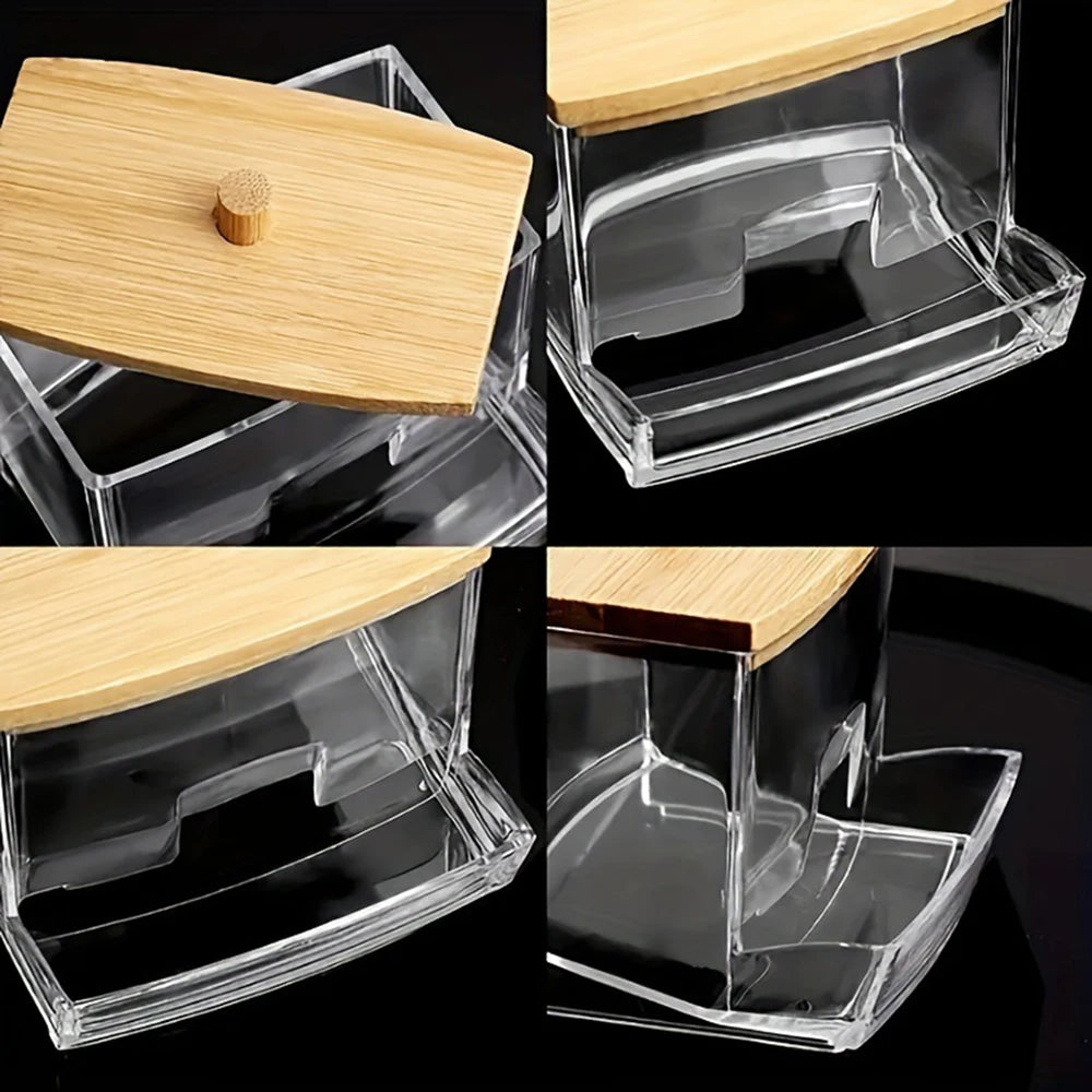 1 Household Cotton Swab Storage Tank, Acrylic Square Bamboo Cover Storage Box, Suitable For Bathroom, Bedroom, Transparent