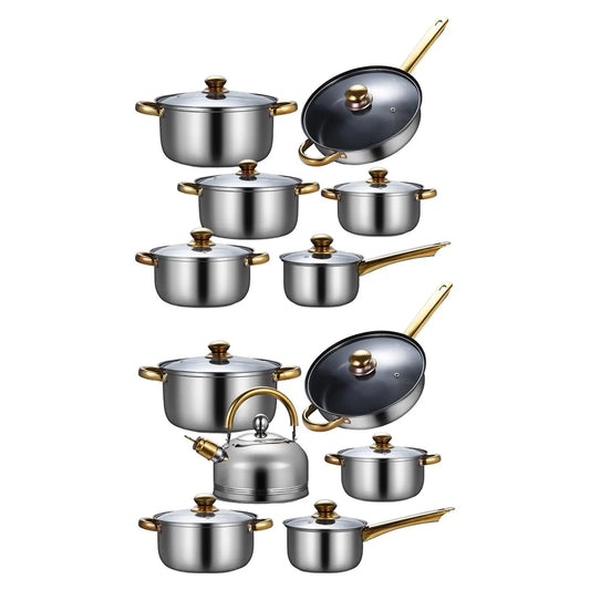 6Pcs Cookware Set with Glass Lid Frying Pan Soup Pot Saucepan Nonstick Pan Set 410 Stainless Steel for Home Kitchen Cooking