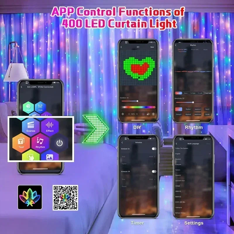 400LEDs Smart Curtain Lights Bluetooth App LED String RGB Fairy Lights DIY Music Change Display for Window Bedroom Decoration