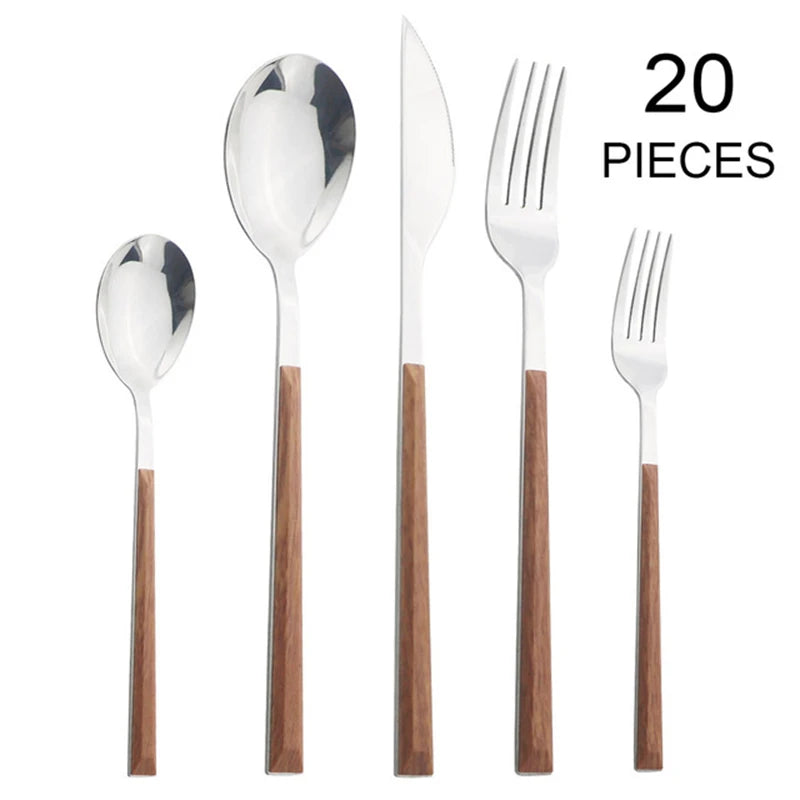 Wood Handle Cutlery Set Korean Stainless Steel Tableware Set Kitchen Knife Fork Spoon Chopsticks Dinnerware Set Tableware Set