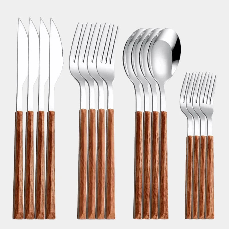 Wood Handle Cutlery Set Korean Stainless Steel Tableware Set Kitchen Knife Fork Spoon Chopsticks Dinnerware Set Tableware Set