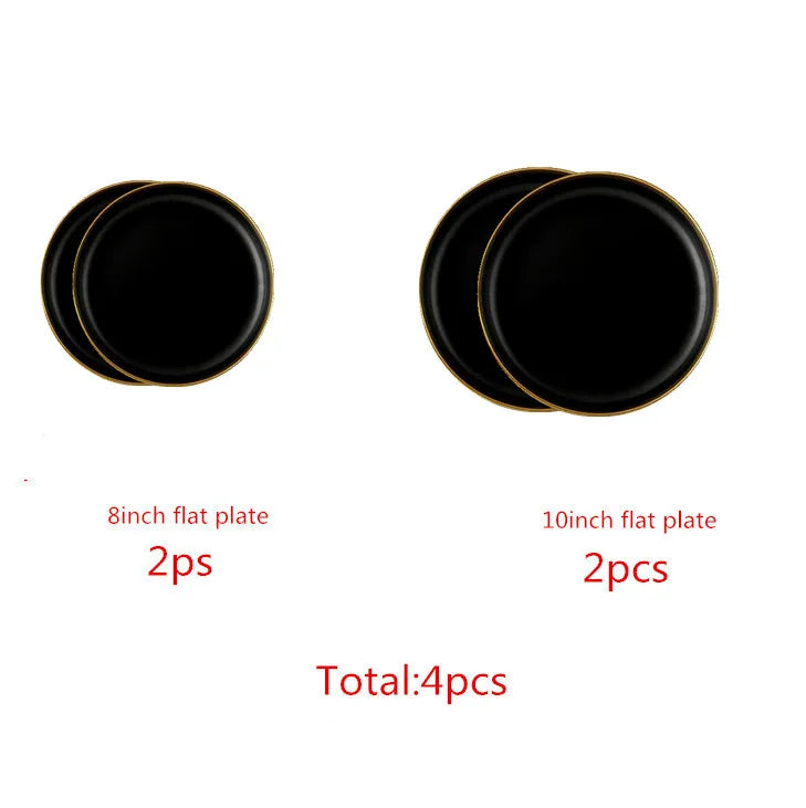 Gilt Rim Black Porcelain Dinner Plates Kitchen Dishes Ceramics Tableware Food Tray Rice Salad Noodles Bowl Cutlery Set