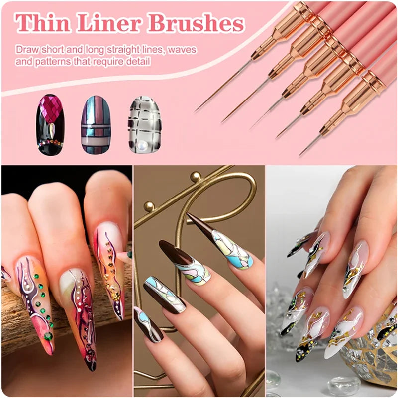 5pcs Nail Art Liner Brush Set UV Gel Nail Brushes Kits French Stripe Line Painting Drawing Flower Pen Professional Manicure Tool