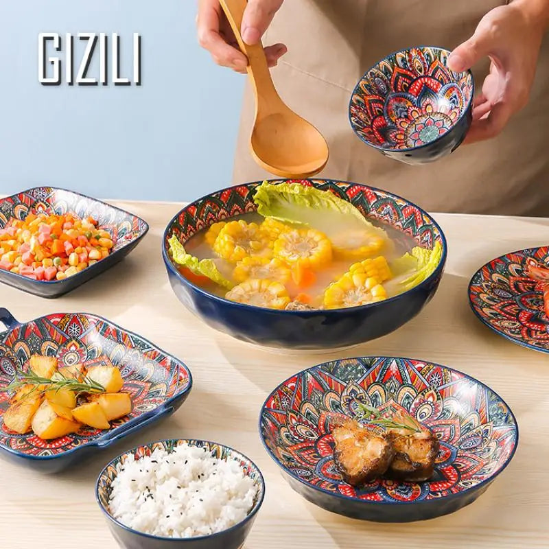 Bohemia Style Ceramics Dinner Plates Retro Plates Dinnerware Set Kitchen Dishes Household Breakfast Plate Salad Soup Bowls