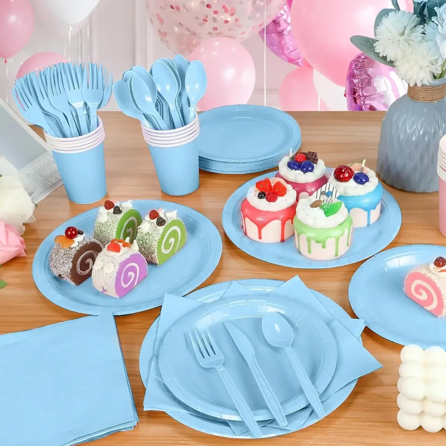 Solid Light Blue Theme Birthday Super Girls Decorations Party Disposable Tableware Paper Napkins Cups Plates Tablecloths Straws