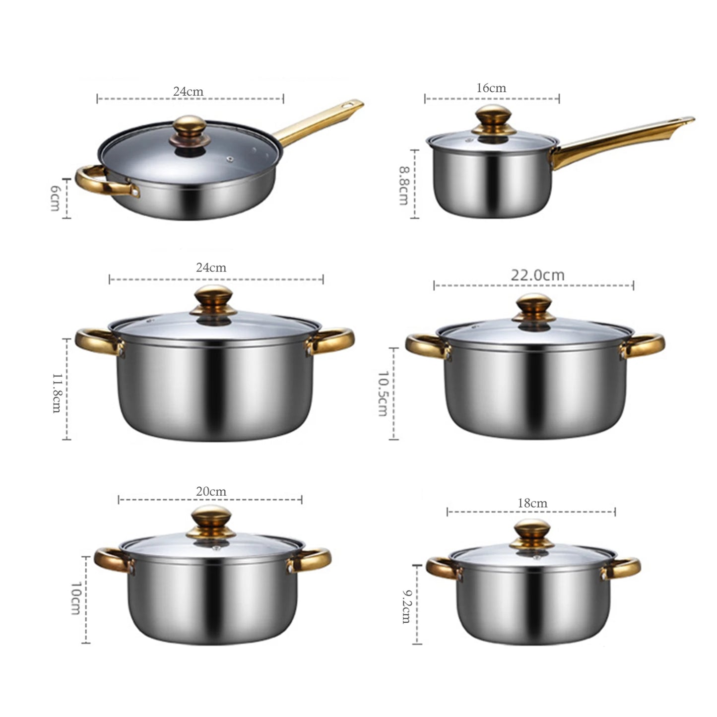 6Pcs Cookware Set with Glass Lid Frying Pan Soup Pot Saucepan Nonstick Pan Set 410 Stainless Steel for Home Kitchen Cooking