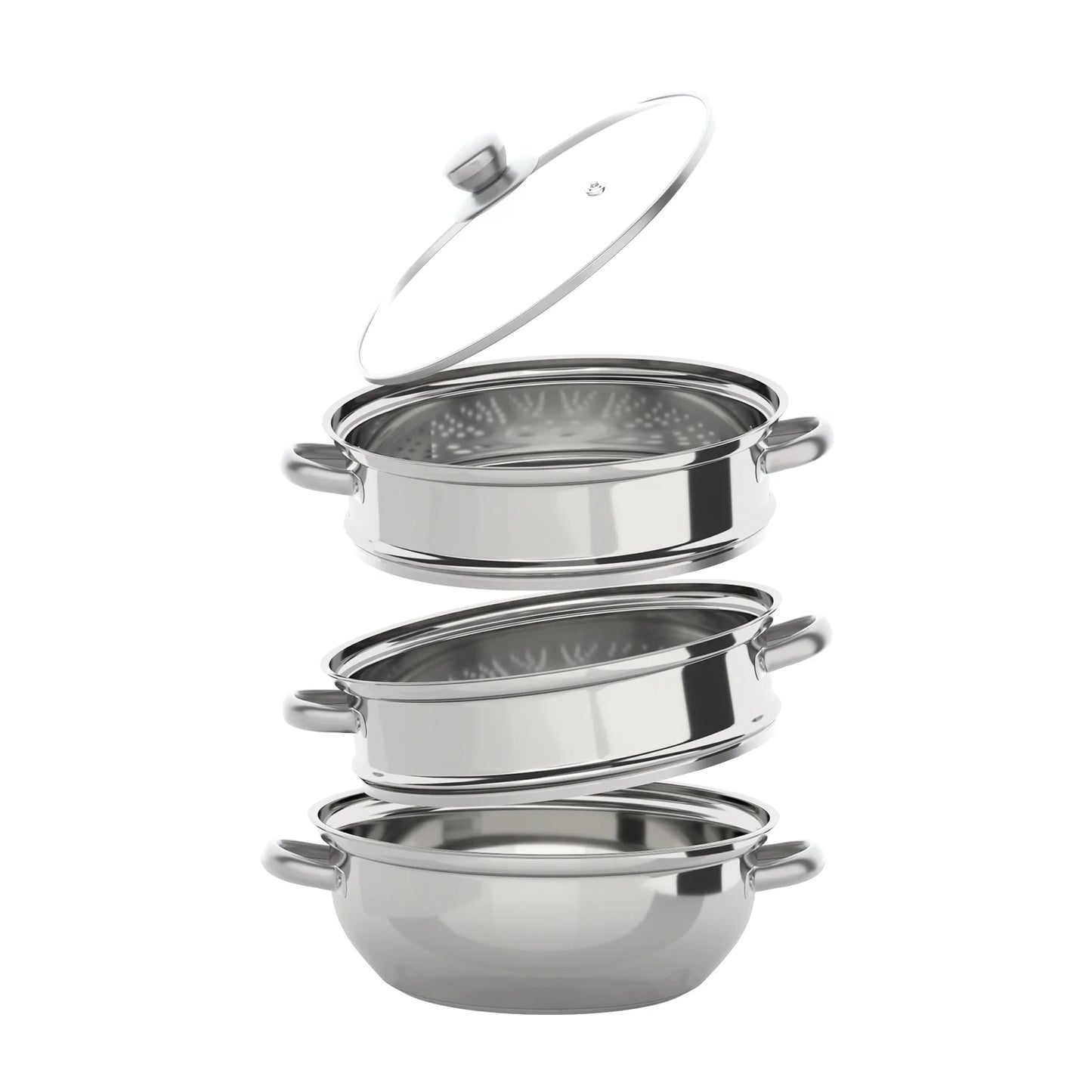 3 Tiers Stainless Steel Steamer 28cm Overlapping Steaming Pot Cookware Kitchen Soup Steamer Cooker Set Silver with Glass Lid