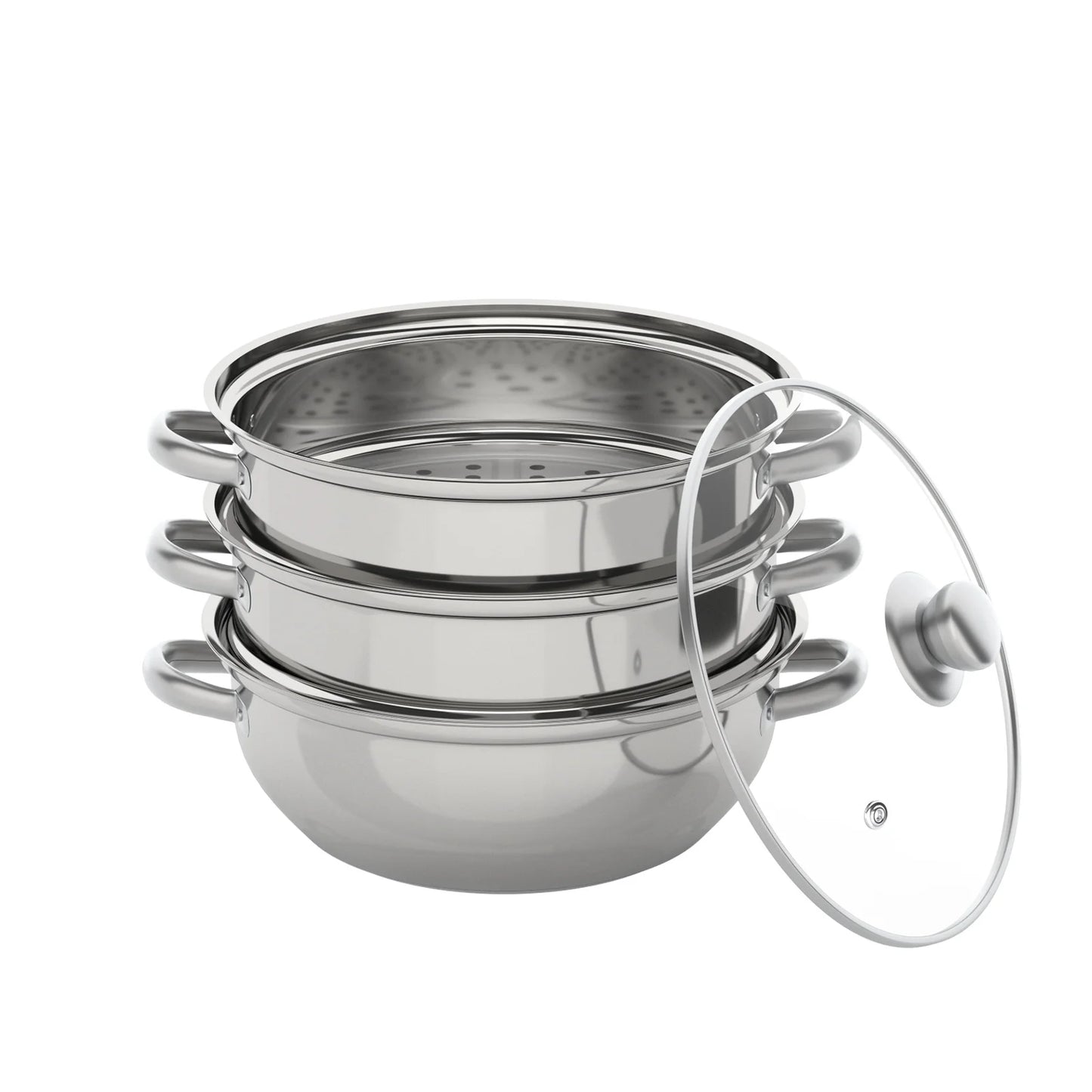 3 Tiers Stainless Steel Steamer 28cm Overlapping Steaming Pot Cookware Kitchen Soup Steamer Cooker Set Silver with Glass Lid