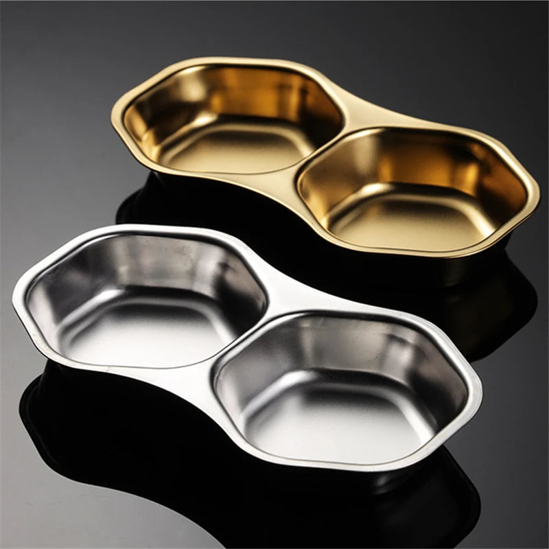 2 Grid Stainless Steel Sauce Dish Divided Seasoning Plate Hot Pot Dipping Bowl Vinegar Soy Spice Condiment Trays for Kitchen