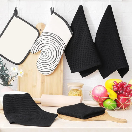 100% Cotton Waffle-Weave Kitchen Dish Cloths, Ultra Soft Absorbent Quick Drying Dish Towels Black Easy To Use 34X34cm