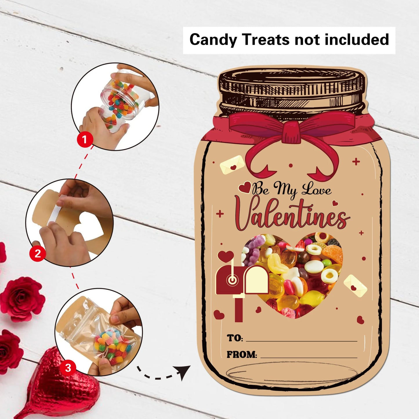 25/50Pcs Happy Valentine's Day Paper Cards Paper Jar Bottles Shaped Card with Candy Packing Bag Valentine's Day Party Gift Decor