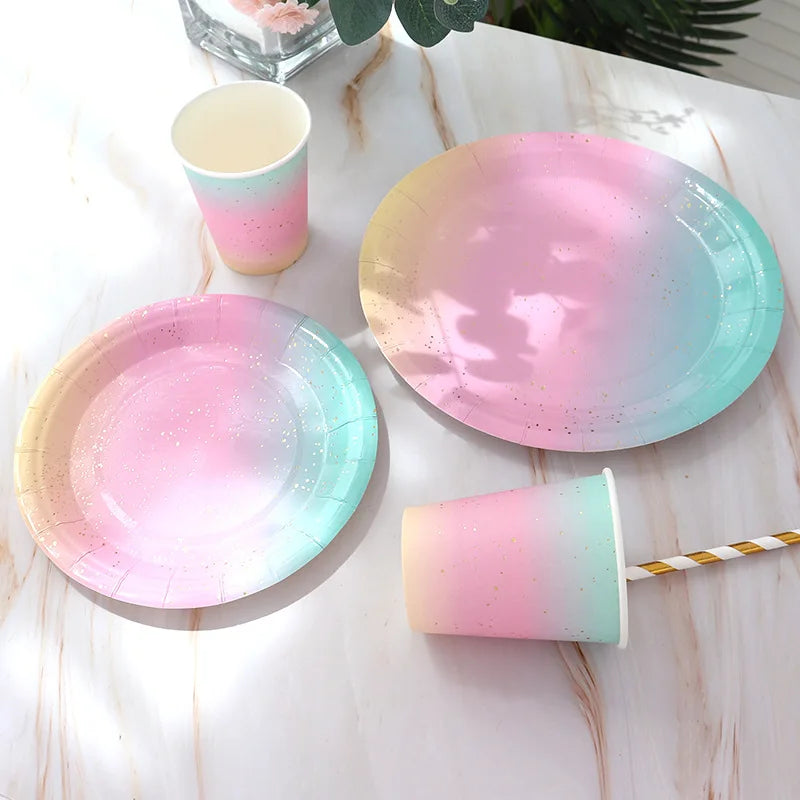 Rainbow Tableware Set for Birthday Party Decorations Rainbow Tableware Paper Plates Cups Napkins Tablecloth Dinner Disposable