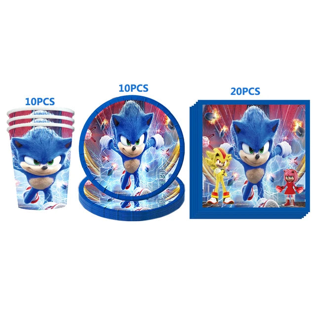 Kit Sonic Party Supplies Boys Birthday Party Paper Tableware Set Paper Plate Cup Napkins Baby Shower Decorations Sonic Gift Bags