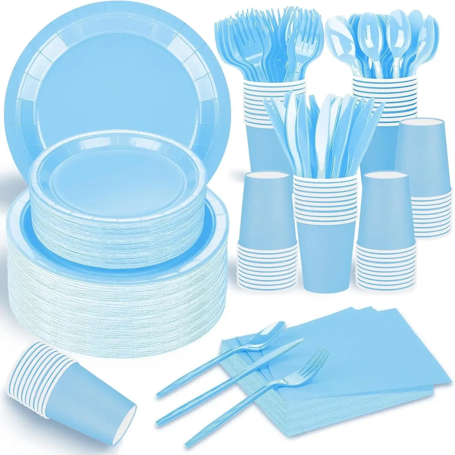 Solid Light Blue Theme Birthday Super Girls Decorations Party Disposable Tableware Paper Napkins Cups Plates Tablecloths Straws