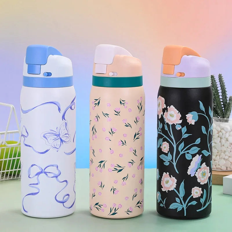 304 Thermos Bottle Cartoon Pattern Bounce Cup Stainless Steel Portable Straw Jumping Cup Large Capacity Outdoor Sport Water Cups